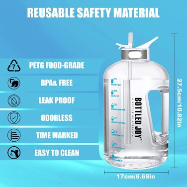 Пляшка для води Acxilexy 3.5 л з трубочкою, BPA-free, спортивна, з часовими мітками, герметична, пластикова, для фітнесу, офісу, дому, біла
