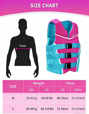 Owntop Плавальна жилетка для дітей та підлітків, регульована, з трьохточковим ременем безпеки, легка, для каякінгу, плавання, риболовлі, снорклінгу (Рожева, M)