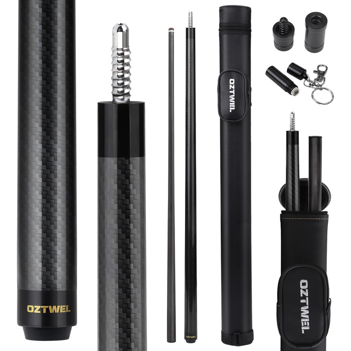 Професійний кий для більярду з карбону, 12.4 мм, 8-шарова вершина, низька відсікання, для дорослих, з професійним конусом, 3/8 x 8, чорний