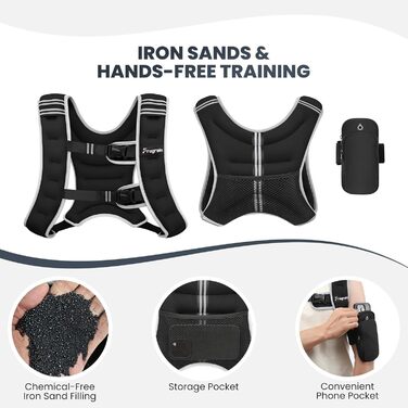 Утяжелитель Fragraim (6/8/10/12/16 кг) для жінок та чоловіків: жилет для фітнесу, бігу, тренувань, з кишенею для телефону, світловідбиваючими елементами, чорний