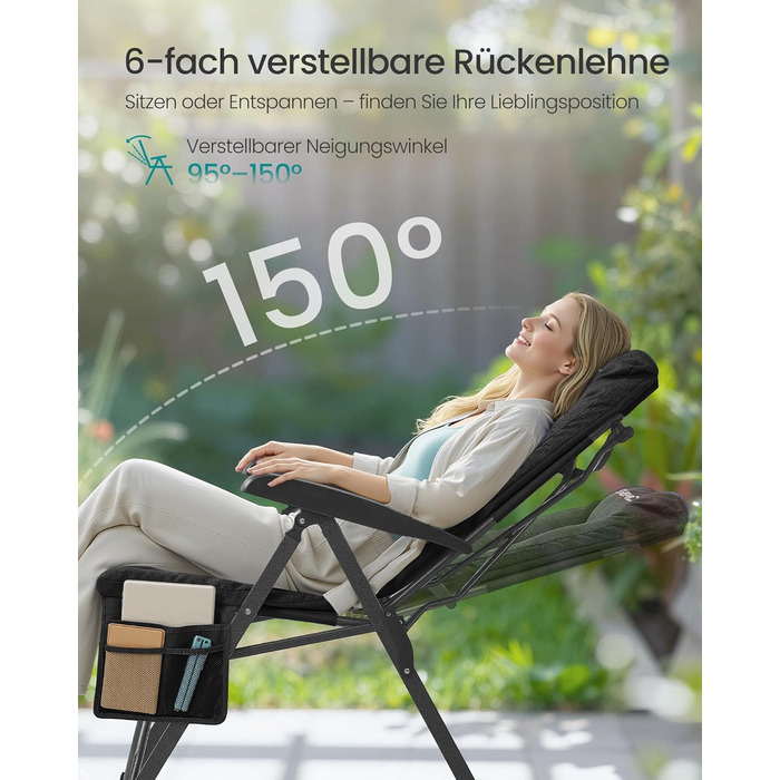 Складний туристичний стілець SONGMICS для відпочинку та риболовлі, чорний, з регульованою спинкою 95°-150°, з підстаканником та кишенею