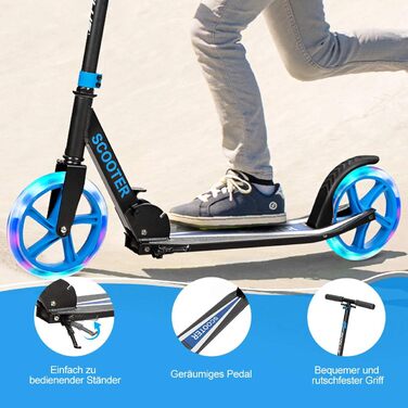 Дитячий трюковий самокат GOPLUS Roller Kinder 10 років, 3-ступенева регулювання висоти, алюмінієвий, складної конструкції, з LED-колесами, гальмом на задньому колесі, ременем та підставкою, до 100 кг (Блакитний)