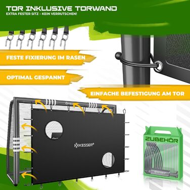 Ворота для футболу KESSER® для саду: міцні, для тренувань, з UV-стійким сітком, сталевий каркас з м'якою обшивкою, земляні кілки, насос, конуси, аксесуари для монтажу (300 см, з торговою панеллю, антрацит)