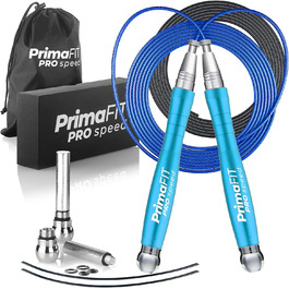 Скакалка PrimaFIT для фітнесу 3 м з вагами, сталевим тросом, 2 підшипниками та антиковзкими ручками, регульована, для боксу, MMA, кросфіту, у комплекті чохол, блакитна