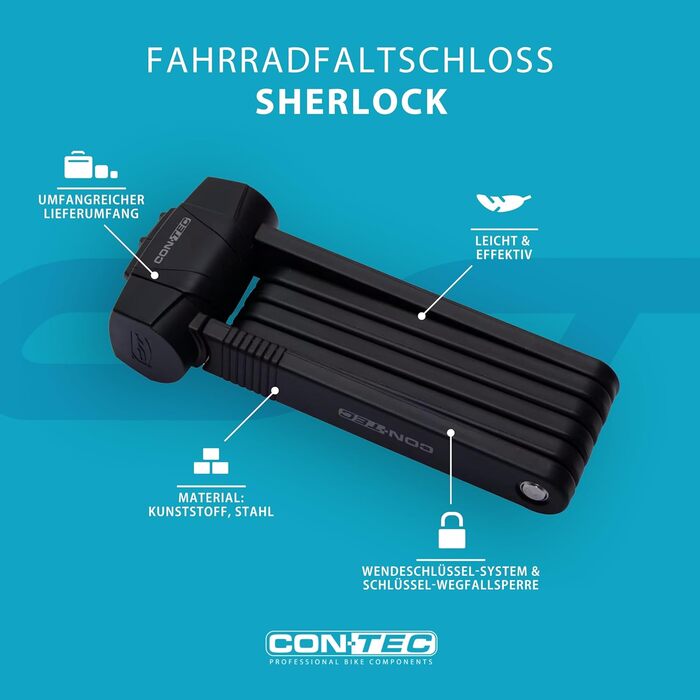 CONTEC велосипедний складаний замок SherLock, міцна сталева конструкція Tredur, 85 см з кріпленням, реверсивний ключ і захист від випадкового випадання, чорний