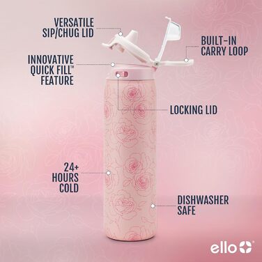 Термобутилка Ello Pop & Fill з нержавіючої сталі, швидке наповнення, подвійна вакуумна ізоляція, герметична кришка, багаторазова пляшка для води