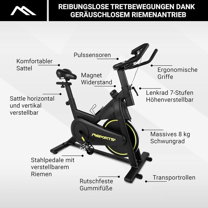 Преміум велотренажер MSPORTS Indoor Cycling Bike Black, 8 кг маховик, магнітний опір, Bluetooth, фітнес велоергометр для дому
