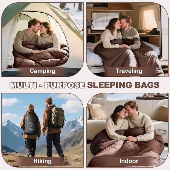 Спальний мішок Baumwolle для 2 осіб, зимовий, водонепроникний, Queen Size, для кемпінгу та подорожей на автодомі (колір: коричневий)