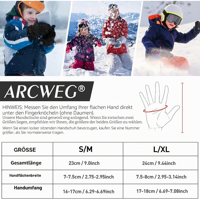Дитячі зимові рукавички Arcweg для хлопчиків та дівчаток: водонепроникні рукавички для лиж, велосипеда та спорту, чорні, розмір S/M
