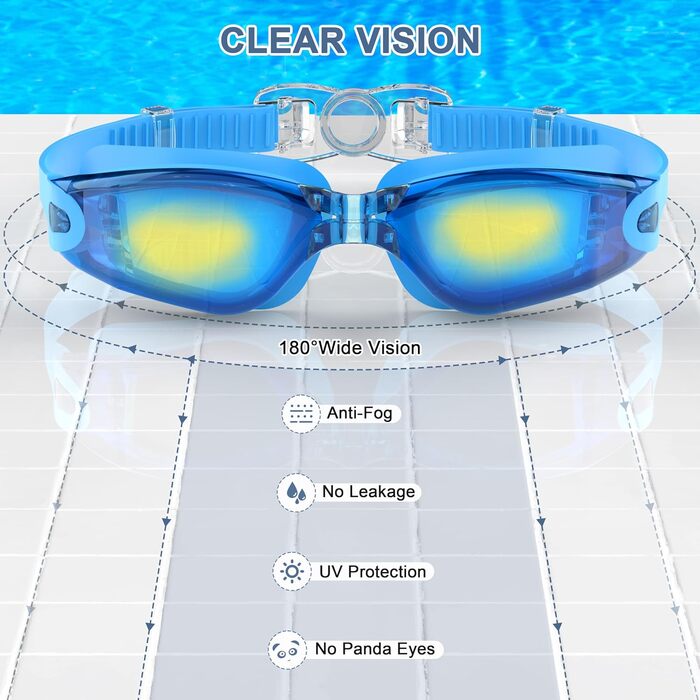 Окуляри для плавання дорослі та дитячі - антизапарні, HD-лінзи, захист від УФ, водонепроникний ущільнювач для тренувань, пляжу/басейну - зручна посадка, унісекс для чоловіків та жінок (2600-BLUE)