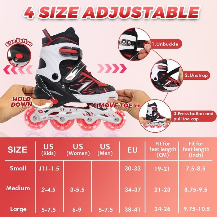 Регульовані ролики для дітей, ролики з підсвічуванням коліс для хлопчиків та дівчаток, для занять в приміщенні та на вулиці, спортивні, фіолетово-червоні, чорно-червоні