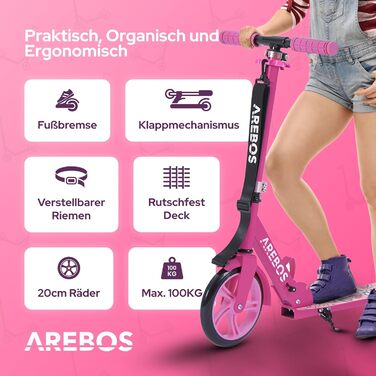 Самокат AREBOS Cityroller для дітей і дорослих, складаний, з регульованою висотою, XXL колесами, ременем для перенесення, гальмом, до 100 кг
