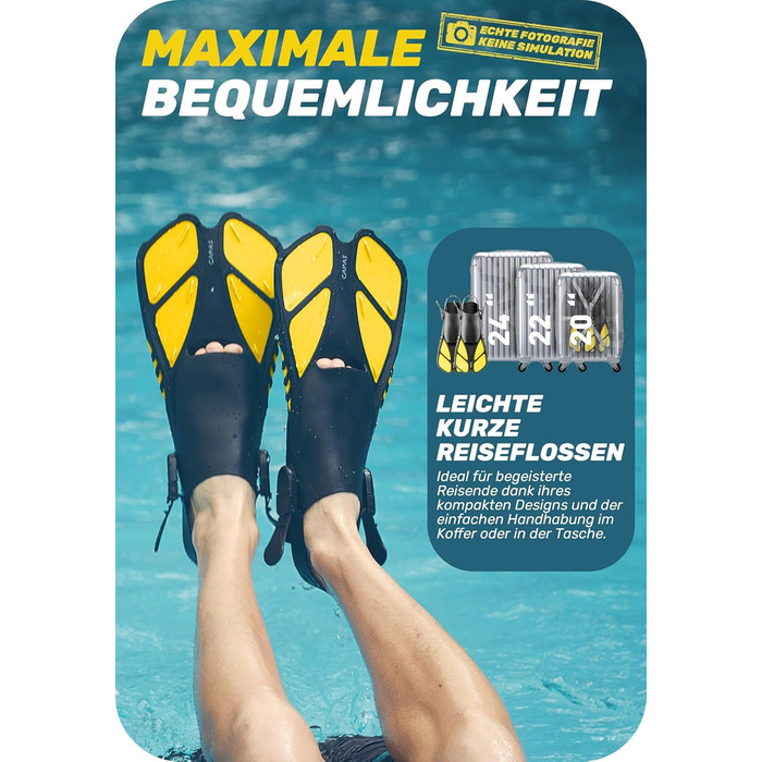 CAPAS Ласти для снорклінгу та дайвінгу, дорослі та дитячі (26-35 розмір), відкрита п'ятка, регульовані, жовті