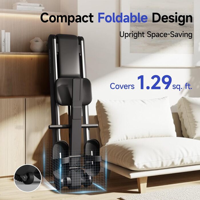 Магнітний тренажер для ходьби та греблі YPOO для дому, складаний з 16 рівнями навантаження, подвійною рейкою, LCD-дисплеєм та підтримкою додатка, чорний