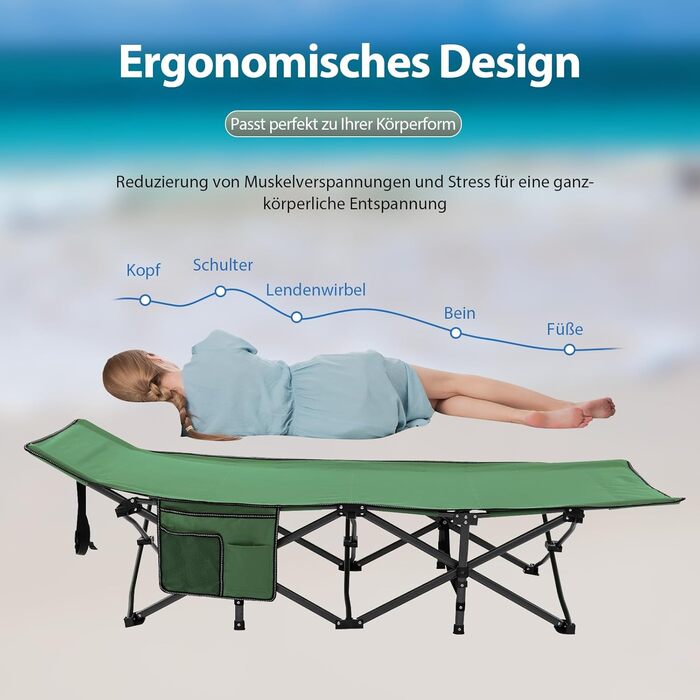 Розкладне ліжко SOARS для кемпінгу та відпочинку: стабільне металеве ліжко з кишенею та сумкою, до 272 кг, для саду та дому, зелене