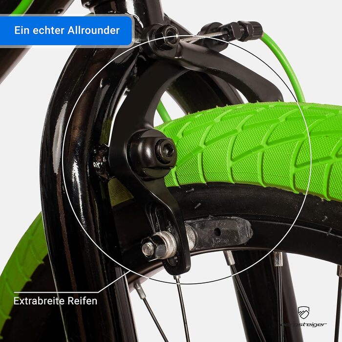 Bergsteiger Halifax BMX 20 дюймів, фетбайк, 360° ротор, фрістайл, 2 сталеві підніжки, захист ланцюга, фрівіл, зелено-чорний
