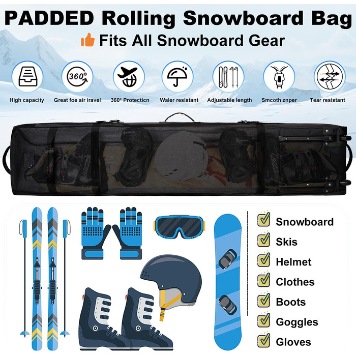 Чохол для сноуборду на колесах, 170 см, чорний. Захисний кейс для сноуборду та черевиків.