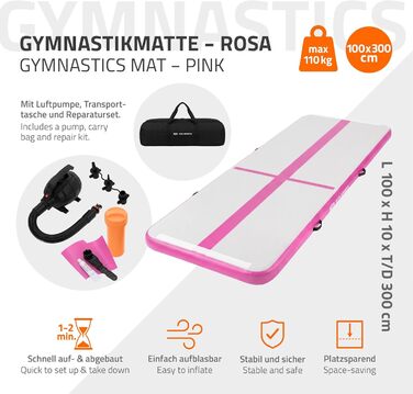 Килимок гімнастичний надувний ECD Germany Airtrack 3м/4м/5м, Рожевий/М'ятно-зелений, з електронасосом та сумкою для тренувань, фітнесу, йоги