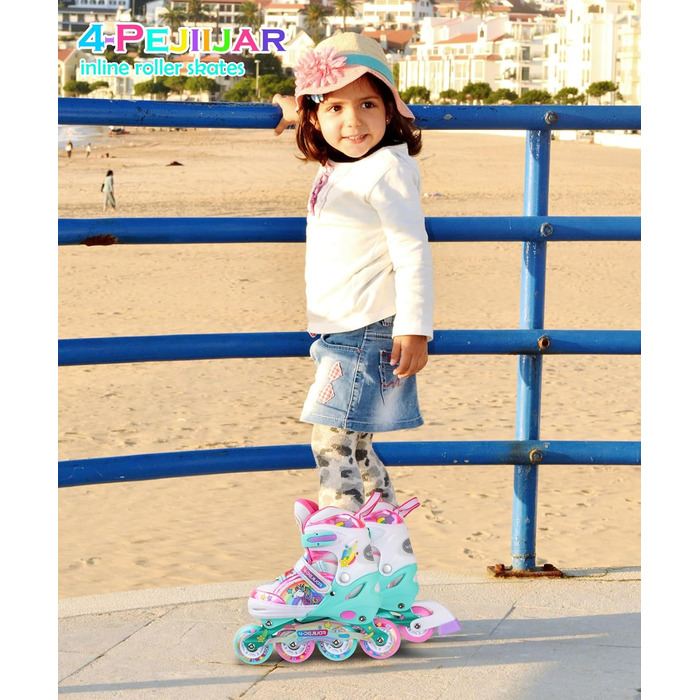 Інлайнерочки Єдиноріг для дівчаток, дитячі ролики, розмір регулюється, світлові колеса, рожево-фіолетовий колір, для початківців
