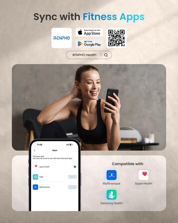 Ваги RENPHO: цифрові ваги для тіла з Bluetooth, аналіз складу тіла (жир, м'язи, BMI, вода), максимальне навантаження 180 кг, чорний