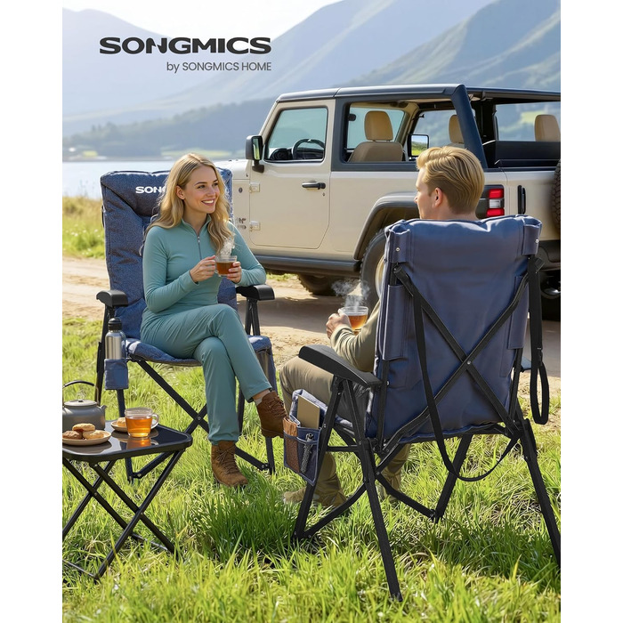 Складний туристичний стілець SONGMICS для відпочинку та риболовлі, з регульованою спинкою, підстаканником та кишенею, блакитний