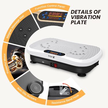 Віброплатформа Dripex 3D з Bluetooth, 99 рівнів вібрації, 5 програм тренувань + гумові амортизатори (білий/чорний)