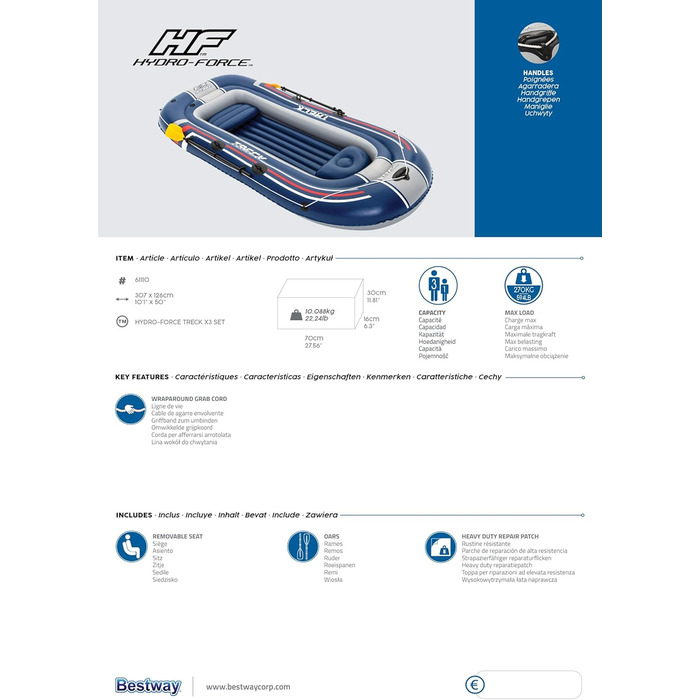 Надувний човен Bestway Hydro-Force Treck X3 для 3 дорослих та 1 дитини, 307x126x39 см, комплект