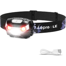 LED налобний ліхтар з акумулятором, USB, з червоним світлом, 5 режимів, водонепроникний IPX4, для дітей та дорослих, надпотужний, для риболовлі, бігу, кемпінгу, з USB кабелем