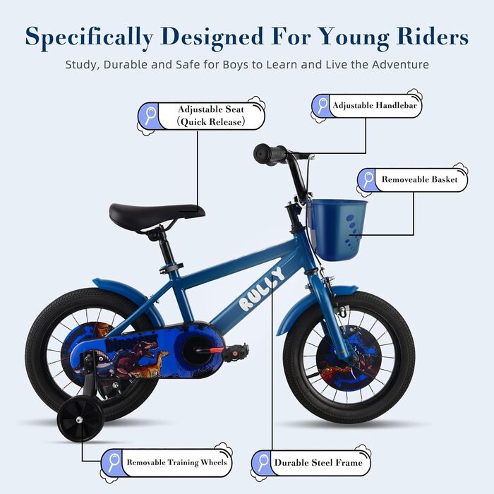 Дитячий велосипед RULLY Динозавр для хлопчиків 2-7 років, 12/14/16 дюймів, BMX, з додатковими колесами, блакитний