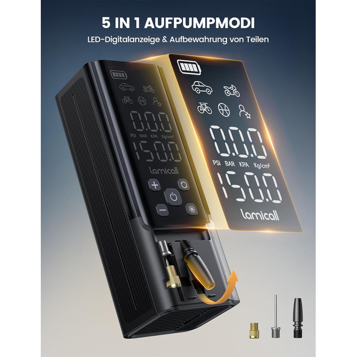 Електрична повітряна помпа Lamicall з акумулятором для велосипеда, авто, мото - 150 PSI, компресор з цифровим манометром та Powerbank, 5000mAh з металевим циліндром