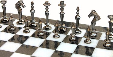 Шаховий набір StonKraft з чорного та білого мармуру з фігурами з латуні – декоративний шаховий набір для дому