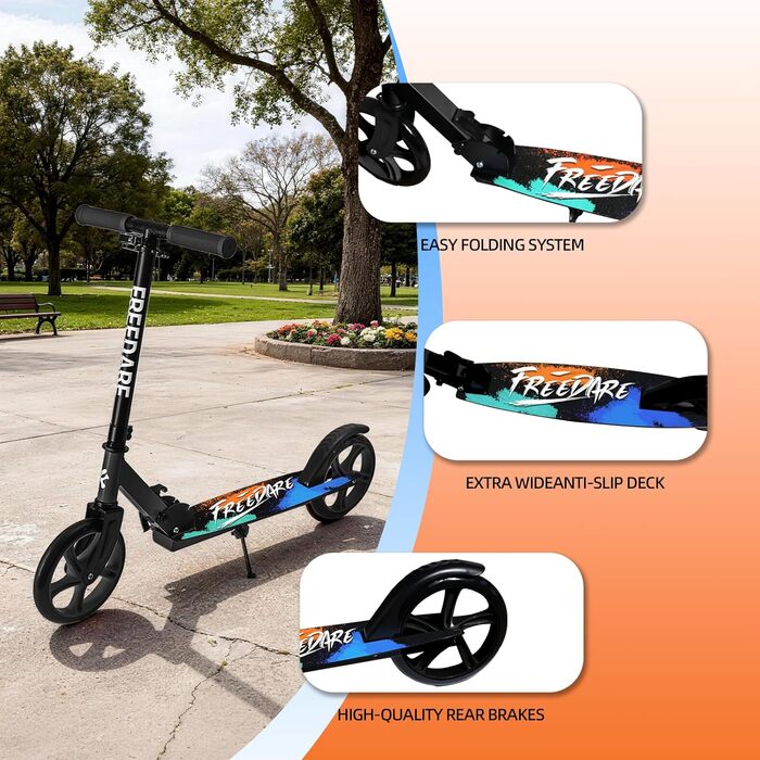 Самокат FREEDARE Cityroller для дітей та дорослих, складаний, колеса 200 мм, до 100 кг, регульована висота, чорний