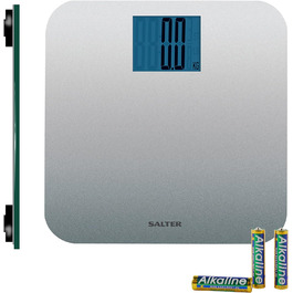 Електронна вага Salter 9075 Premium Max 250 кг, велика платформа, LCD дисплей, для ванної, підходить для твердих підлог і килимів, батарейки в комплекті, срібляста