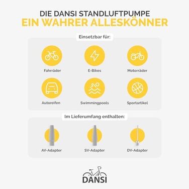 Насос для велосипеда DANSI з адаптерами для всіх типів вентилів (AV, SV, DV) | Насос для мотоцикла, електровелосипеда, авто та спортивного обладнання | З великим манометром
