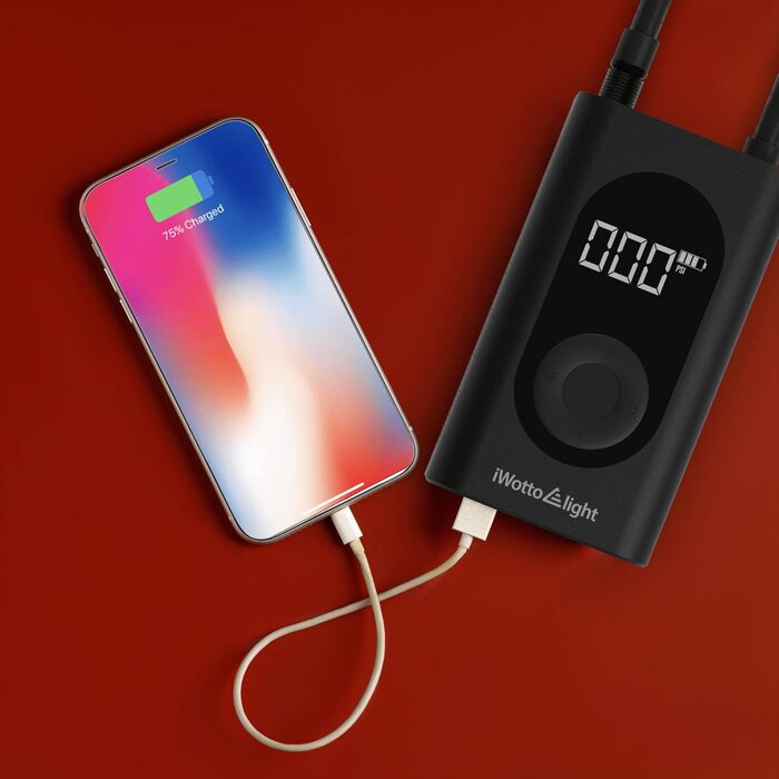Портативний електричний компресор iWotto з LCD-дисплеєм, LED-ліхтарем, Powerbank для авто, мотоцикла, велосипеда і м'ячів