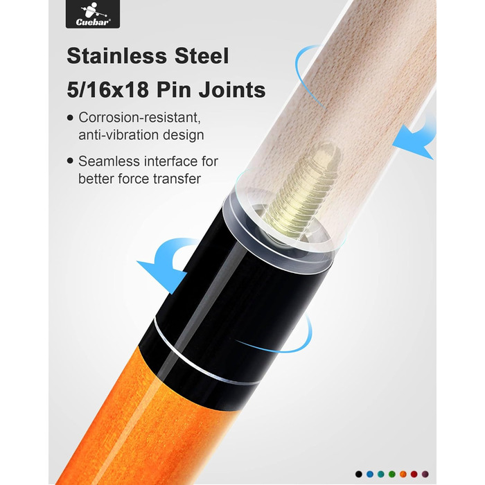 CUEBAR Більярдні кий для дорослих, 147 см, 2 частини, ручка з екошкіри, різні кольори (7 кольорів), вага 510-595 г