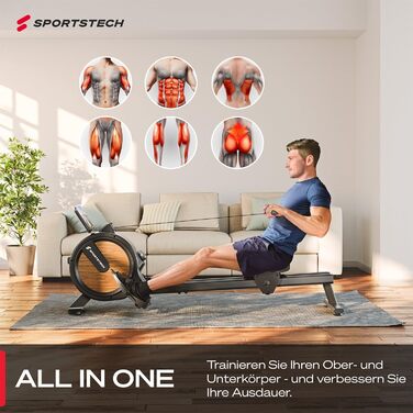 Гребний тренажер Sportstech PROwer для дому, 32 рівні магнітного опору, LED-дисплей, подвійна напрямна, Bluetooth, безшумний, для всього тіла, з тримачем для планшета, вертикальне зберігання