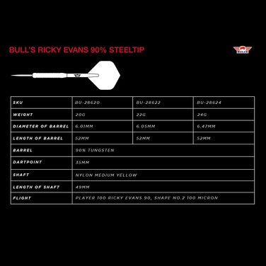 Дротики BULL'S Ricky Evans, сталь, 90% вольфрам, 22 г, професійні дротики для дартсу