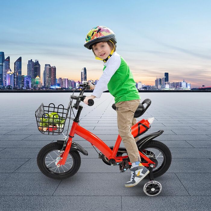 Дитяче велосипед 12 дюймів з регульованою висотою сідла, для дітей 2-5 років. Тренувальний велосипед з додатковими колесами, кошиком та пляшкою. Дівчачий/хлопчичий велосипед (червоний)