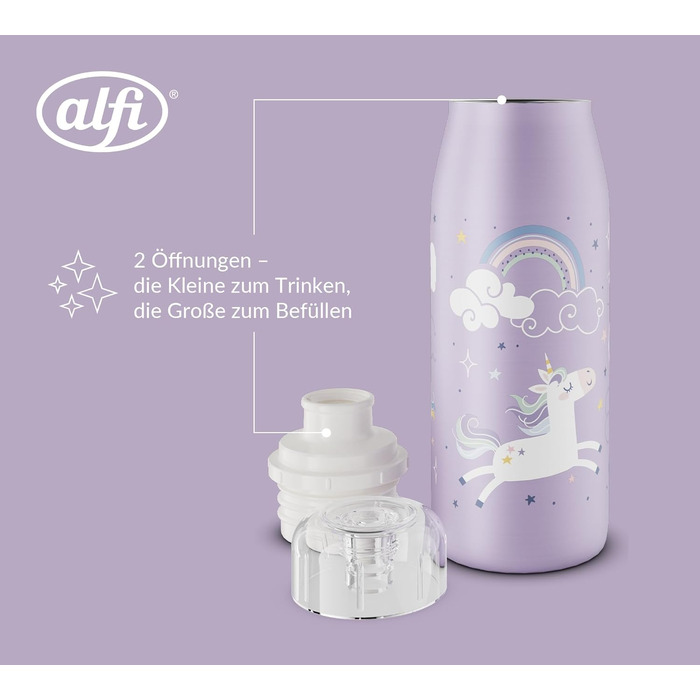 Дитяча термос-пляшка alfi KIDS ISO 350 мл, ліловий Єдиноріг, нержавіюча сталь, герметична, зберігає тепло 12 годин, холод 24 години, для газованих напоїв, BPA-free