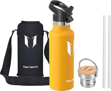 Термос-пляшка Super Sparrow з нержавіючої сталі - 350мл/500мл/620мл/750мл/1л - Без витоку, BPA-Free - Пляшка для води, термопляшка для дітей, для газованої води, спорту, школи, фітнесу - з 2 кришками (500мл, Mango)
