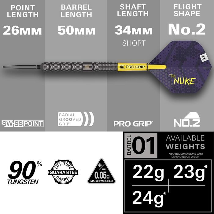 Дротики Target Darts Luke Littler G1, сталевий накінечник, 90% вольфраму, 22/23/24 г, Swiss Point, набір із Pro Grip та інструментом, професійний гравець