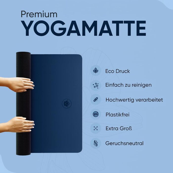 Йога мат YOGALABS® STUDIO: преміум килимок для йоги 185x68x0.4 см з ремінєм з ECO PU та натурального каучуку. Антиковзка поверхня, для гімнастики та пілатесу, 100% екологічний, без шкідливих речовин (Блакитний)