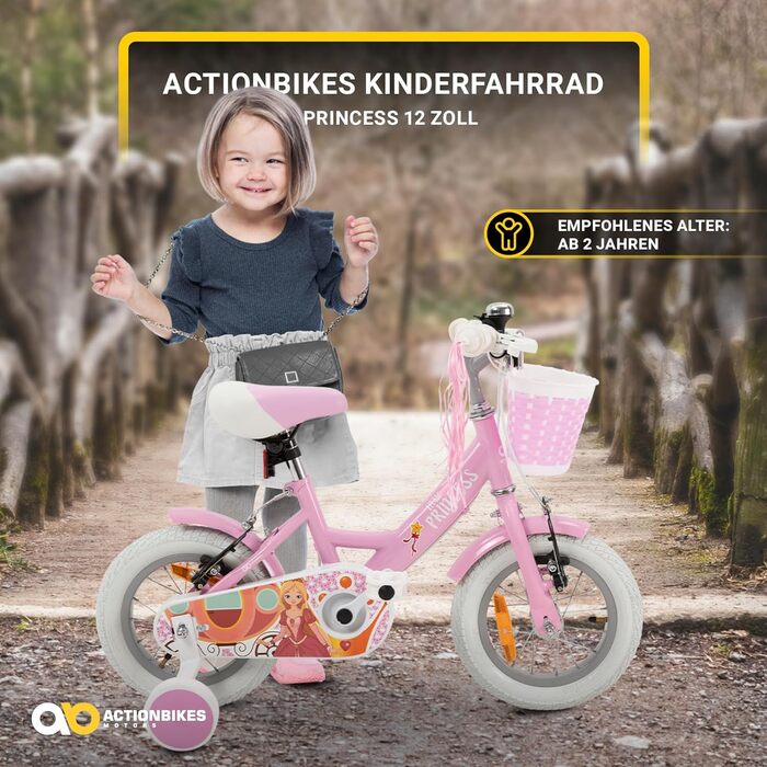 Дитячий велосипед Princess 12 дюймів Actionbikes, з V-Brake гальмами, відбивачами та крилами, для хлопчиків і дівчаток 2-5 років