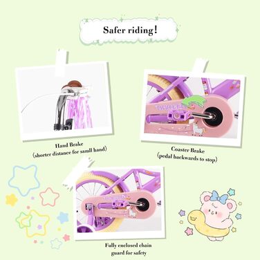 Дитяче велосипед RULLY 16 дюймів для дівчаток 2-7 років з додатковими колесами та ручним гальмом, велосипед з кошиком, стрічками, для малюків фіолетовий 12 дюймів