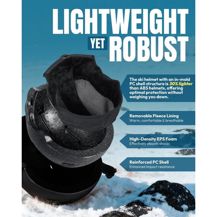 Шолом для лижного спорту, унісекс, чорний, 59-61 см. Регульований, з 12 вентиляційними отворами та знімним підкладкою та навушниками