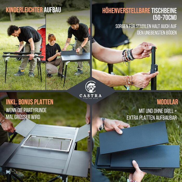 Преміум туристичний стіл Castra з інтегрованим грилем – алюміній 7075, регульована висота, для відпочинку на природі, вологостійкий, інноваційна складна система, багатофункціональний стіл та аксесуари для кемпінгу, саду, подорожей та риболовлі
