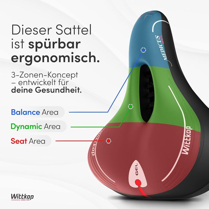 Велосипедне сідло WITTKOP з 3-зонним комфортом та гелевою підкладкою | Зручне сідло для жінок та чоловіків | Модель Büchel Grande Medicus, чорний міський сідло