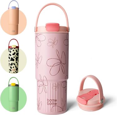 Термочашка BOTTLE BOTTLE з трубочкою і ручкою, 760 мл, для школи, авто, спорту, дому, офісу, подорожей, з квітковим візерунком
