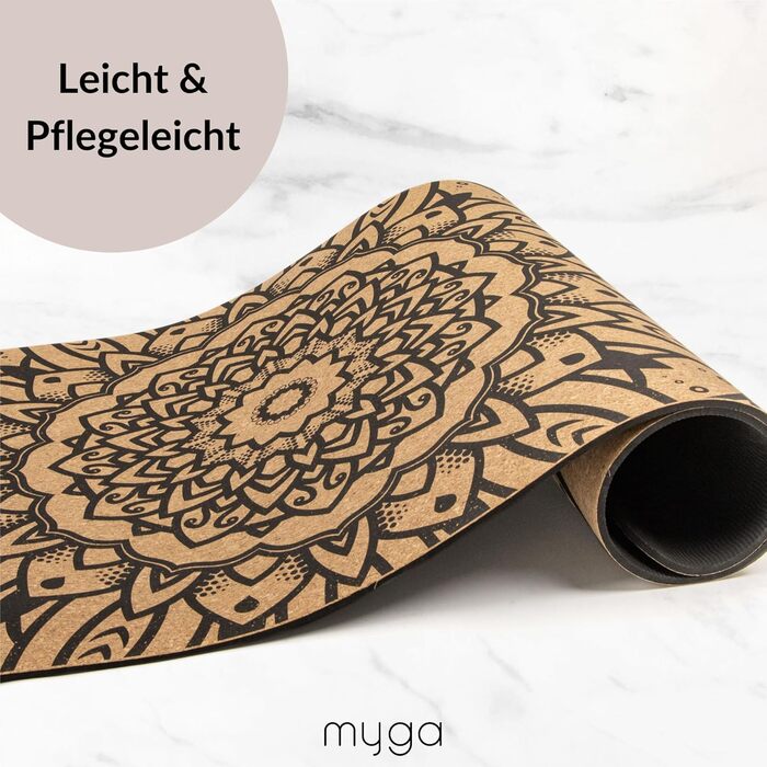 Йога мат Myga XL Kork: 200x70 см, 6 мм, з натуральної кори, протиковзаюча, для йоги, пілатесу, медитації та фітнесу. Малюнок мандала